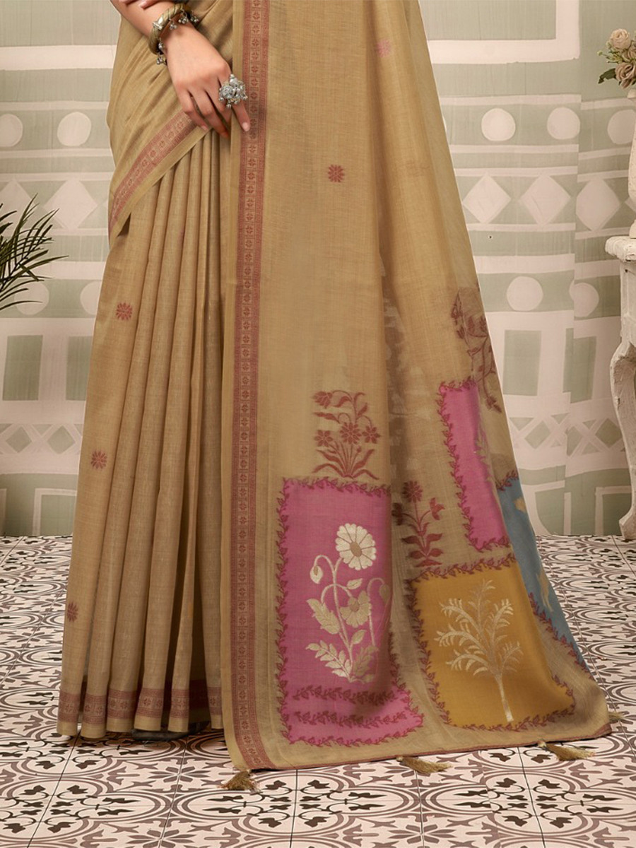 Beige Cotton Hand Block Printed Wedding Reception Party Festival Casual Heavy Border Sarees