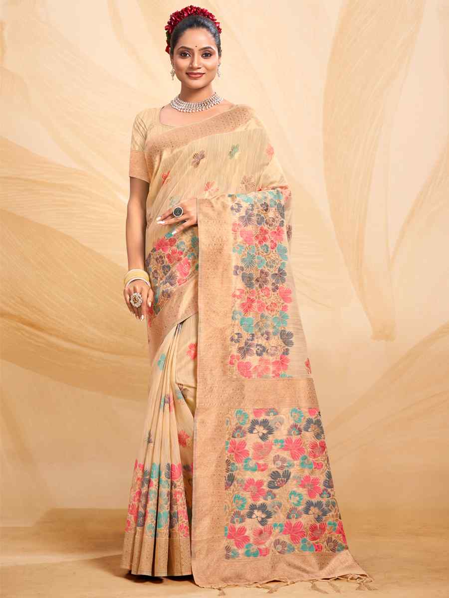 Beige Cotton Handwoven Wedding Festival Heavy Border Saree