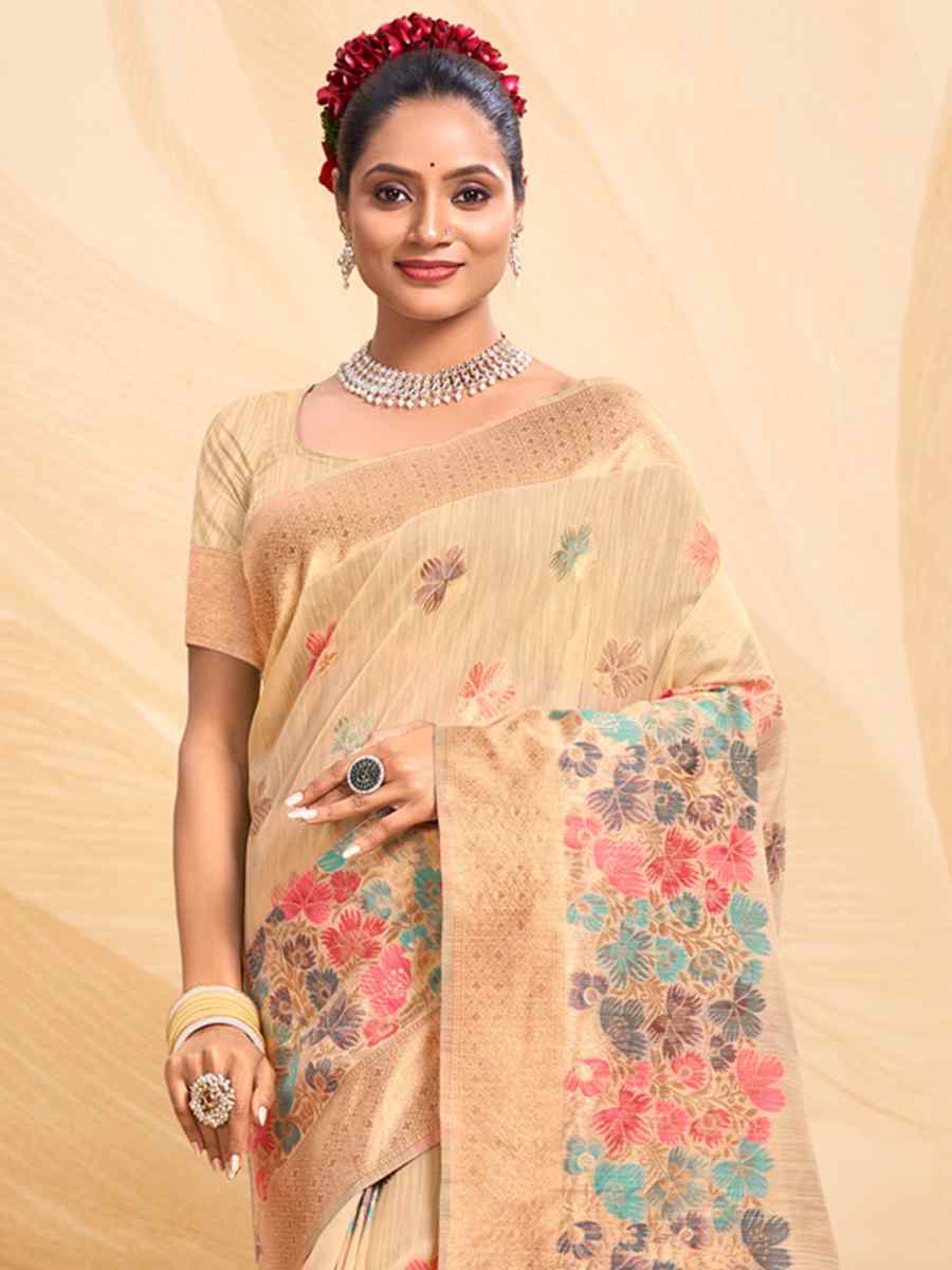 Beige Cotton Handwoven Wedding Festival Heavy Border Saree