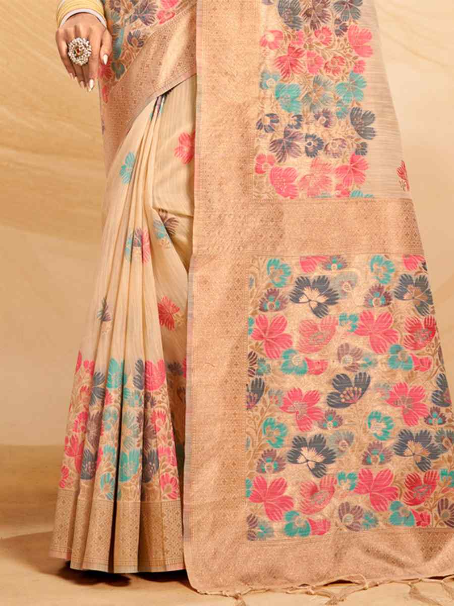 Beige Cotton Handwoven Wedding Festival Heavy Border Saree