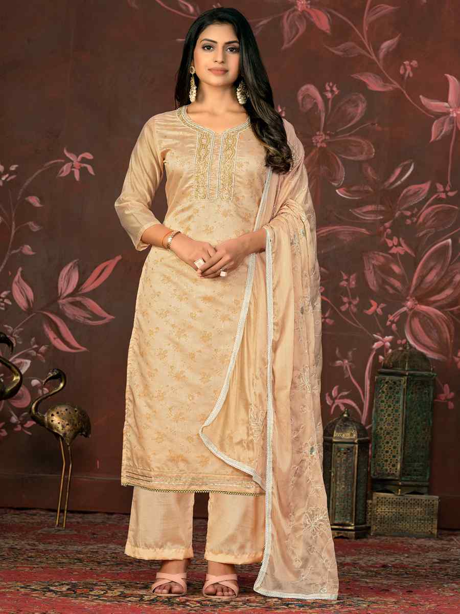 Beige Cotton Jacquard Embroidered Casual Festival Pant Salwar Kameez