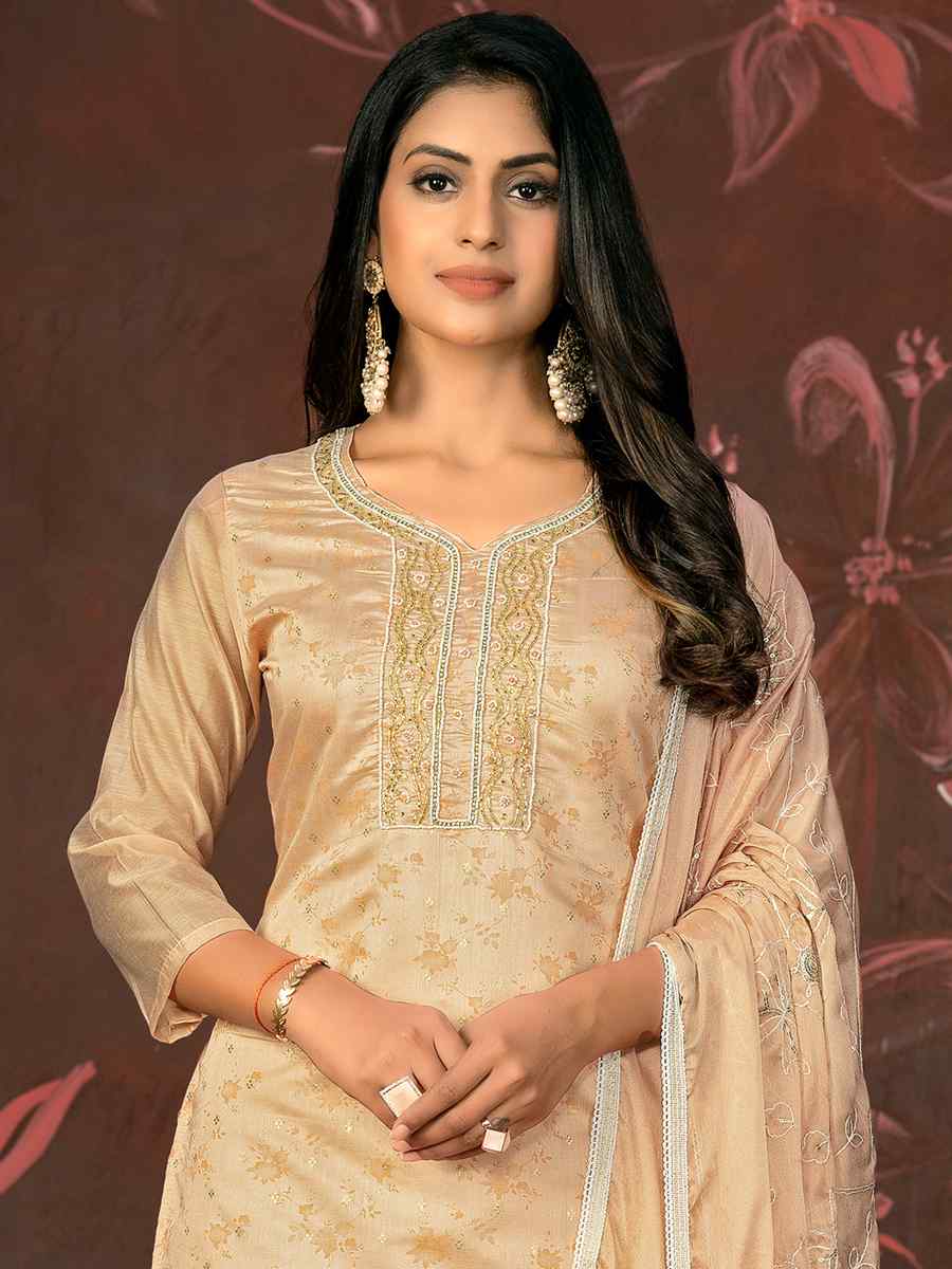 Beige Cotton Jacquard Embroidered Casual Festival Pant Salwar Kameez