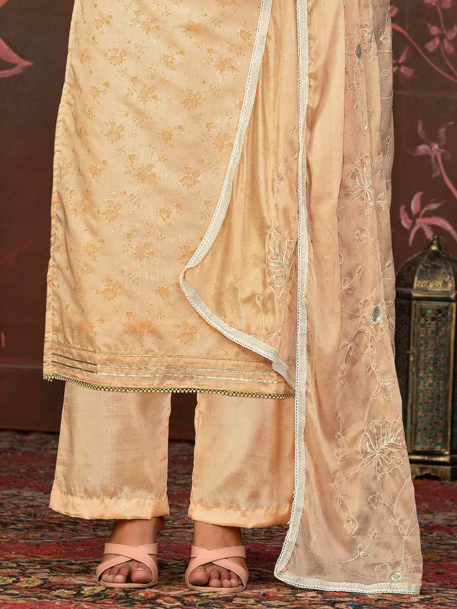 Beige Cotton Jacquard Embroidered Casual Festival Pant Salwar Kameez