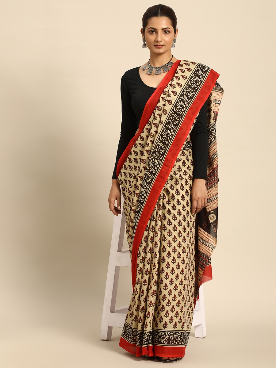 Beige Cotton Printed Festival Casual Contemporary Sarees