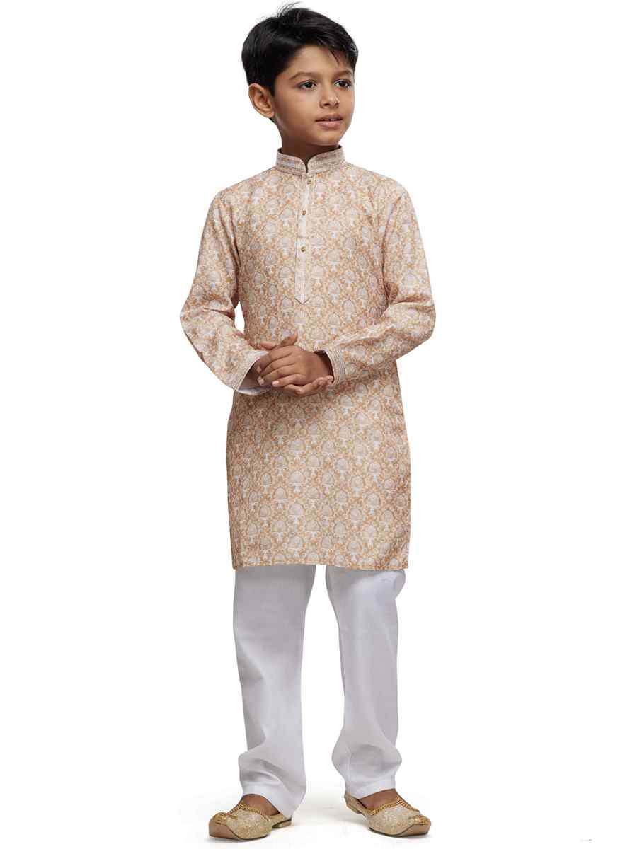 Beige Cotton Printed Festival Party Kurta