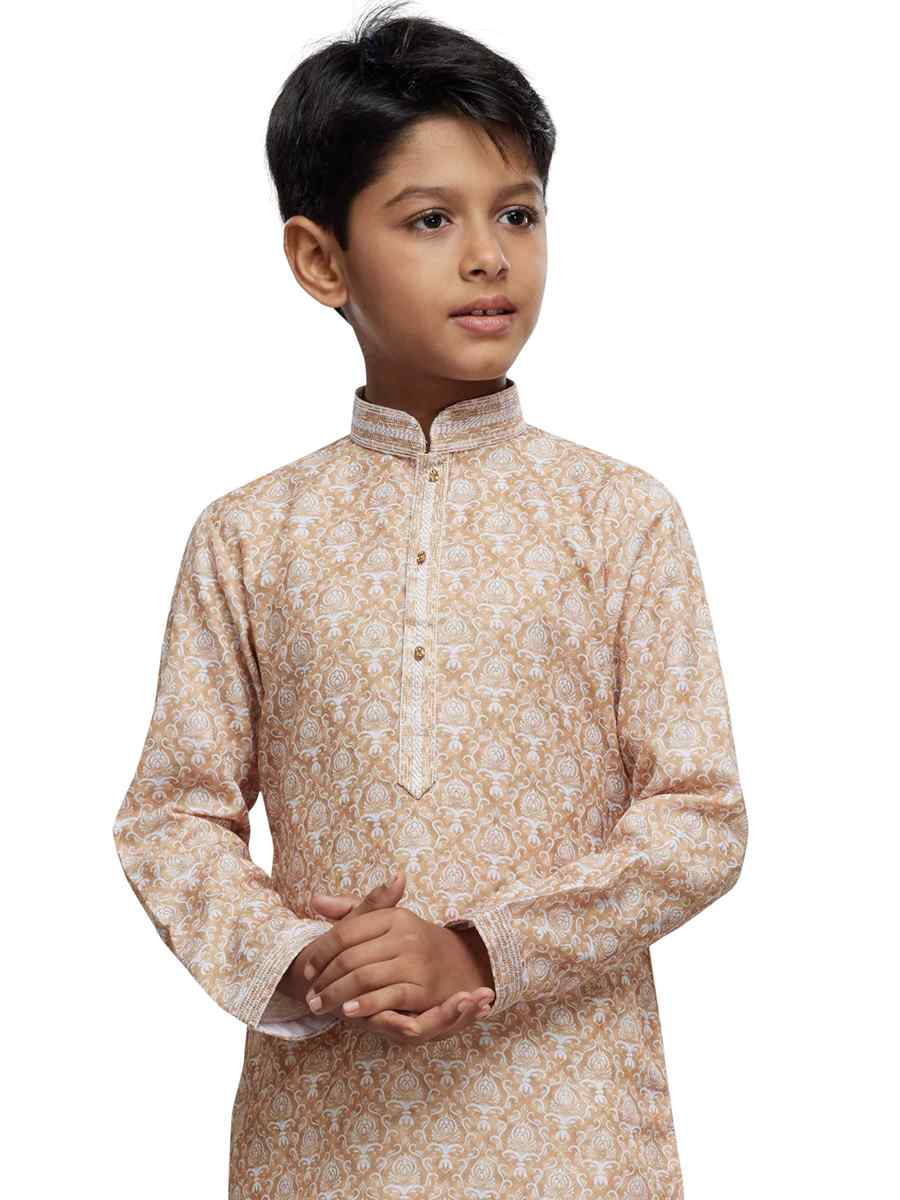 Beige Cotton Printed Festival Party Kurta