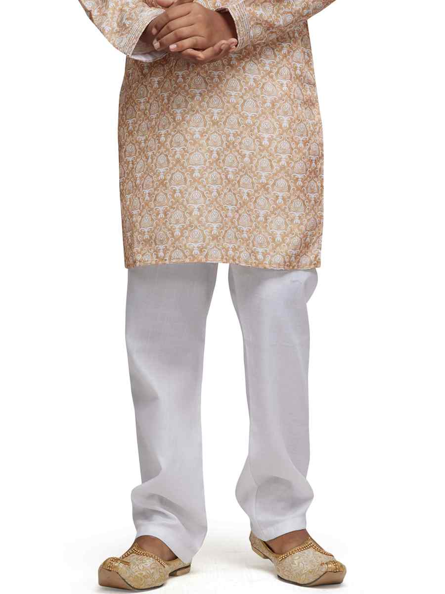 Beige Cotton Printed Festival Party Kurta