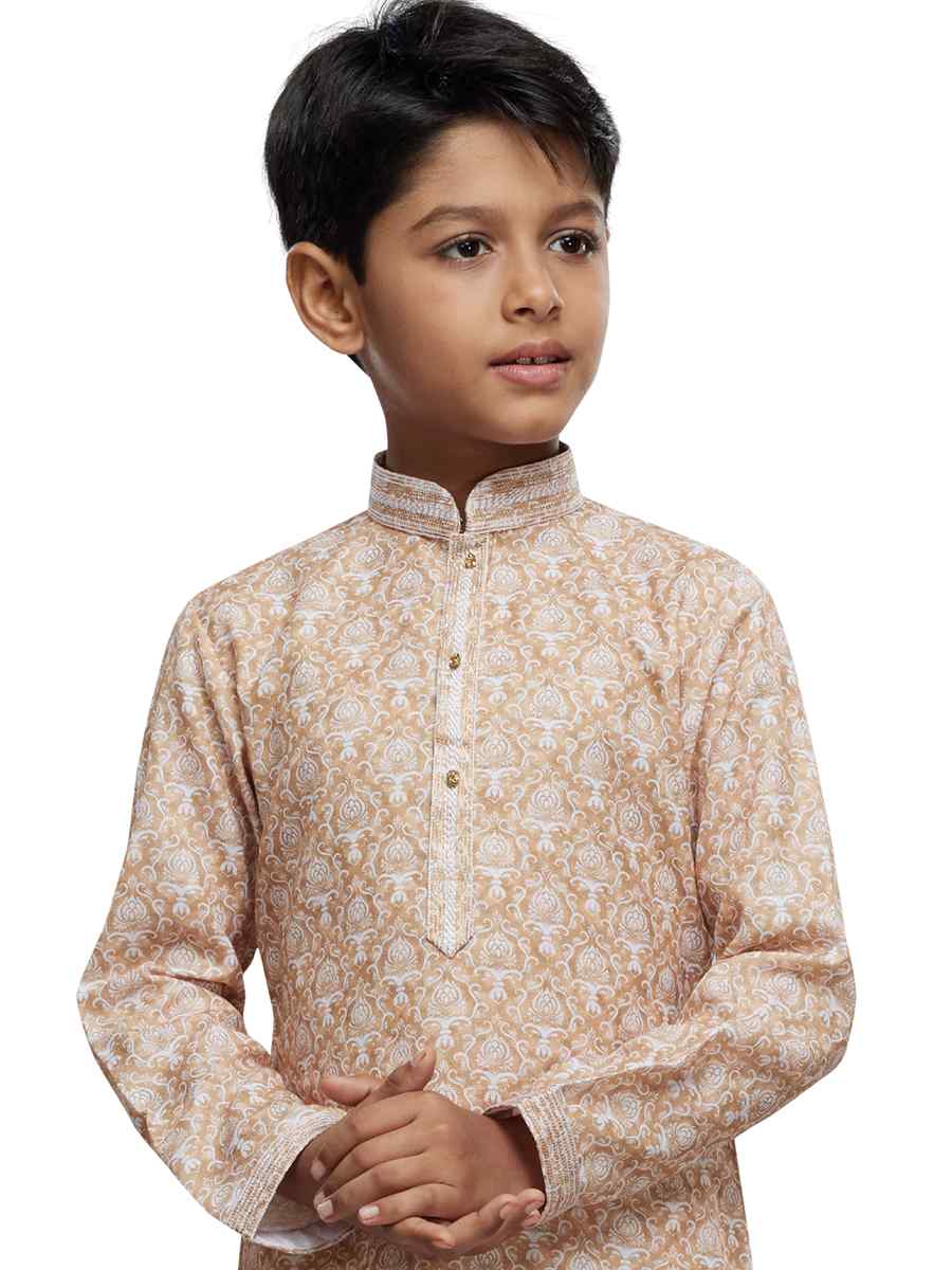 Beige Cotton Printed Festival Party Kurta