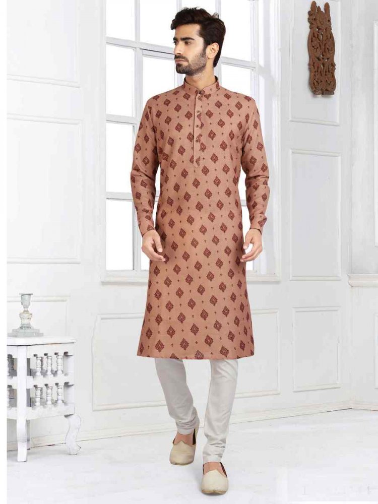 Beige Cotton Printed Festival Wedding Kurta