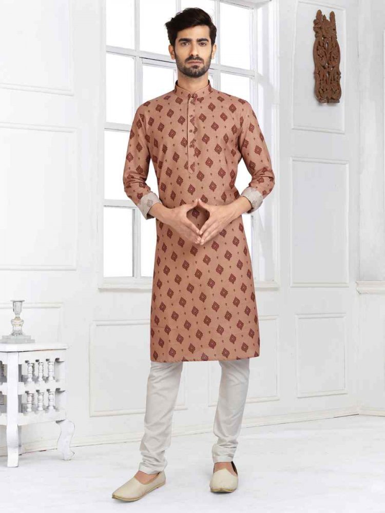 Beige Cotton Printed Plain Festival Party Kurta