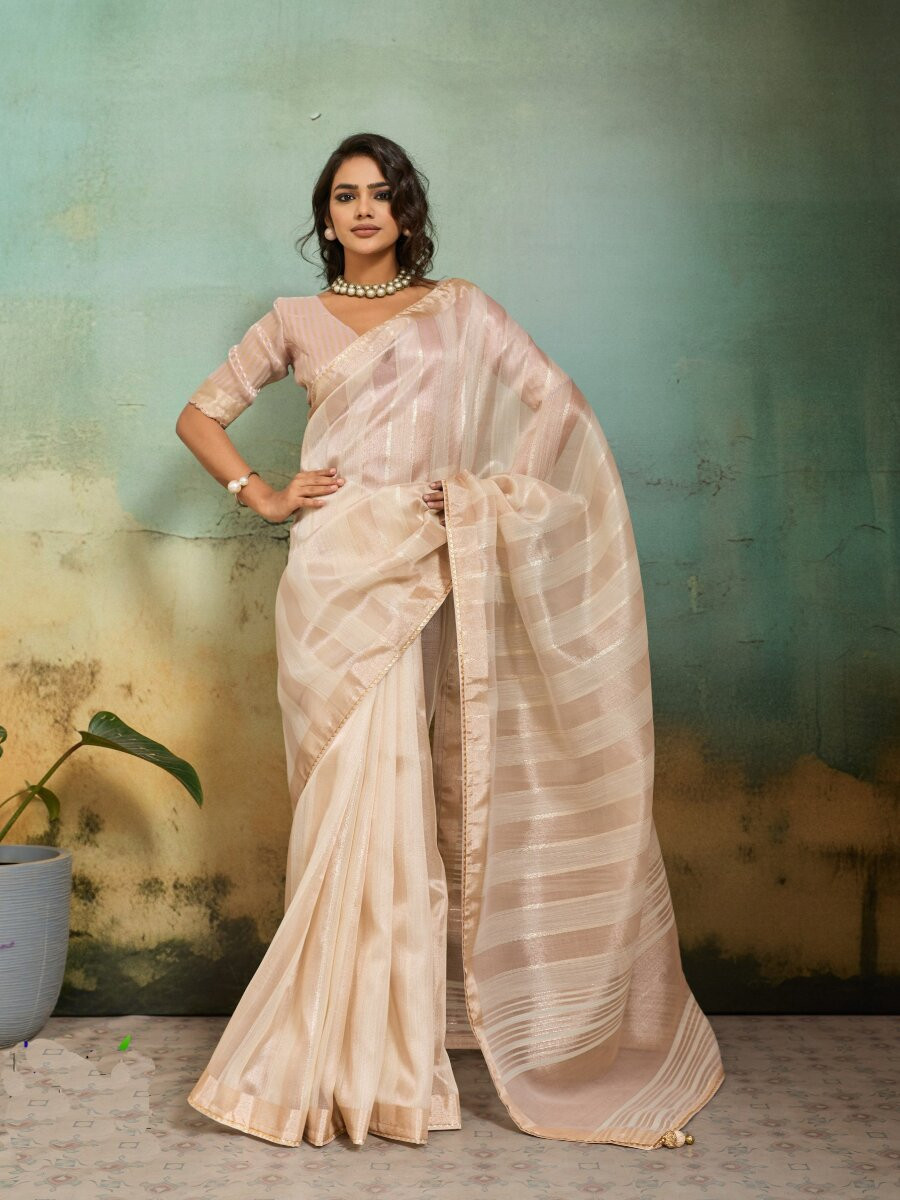 Beige Cotton Silk Blend Zari Weaving Wedding Reception Party Festival Casual Heavy Border Sarees