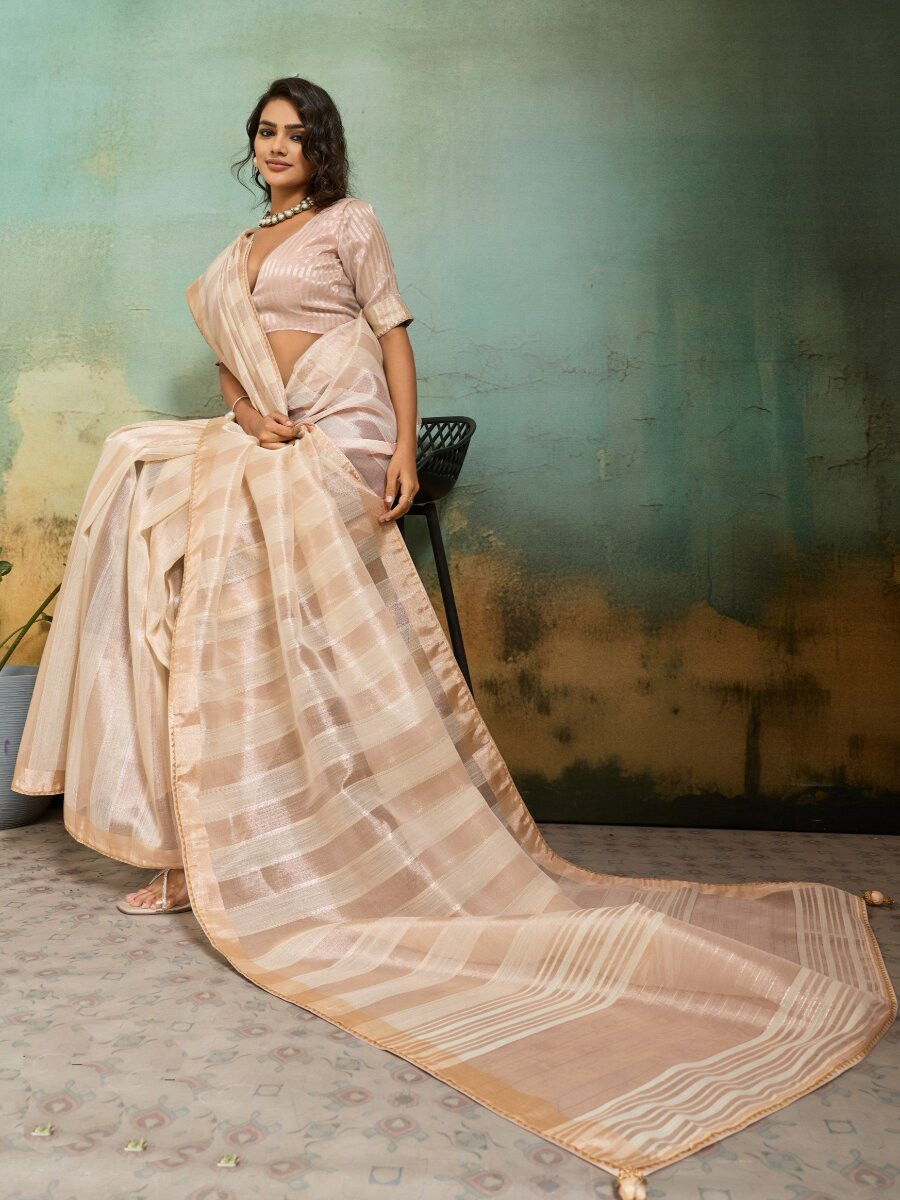 Beige Cotton Silk Blend Zari Weaving Wedding Reception Party Festival Casual Heavy Border Sarees