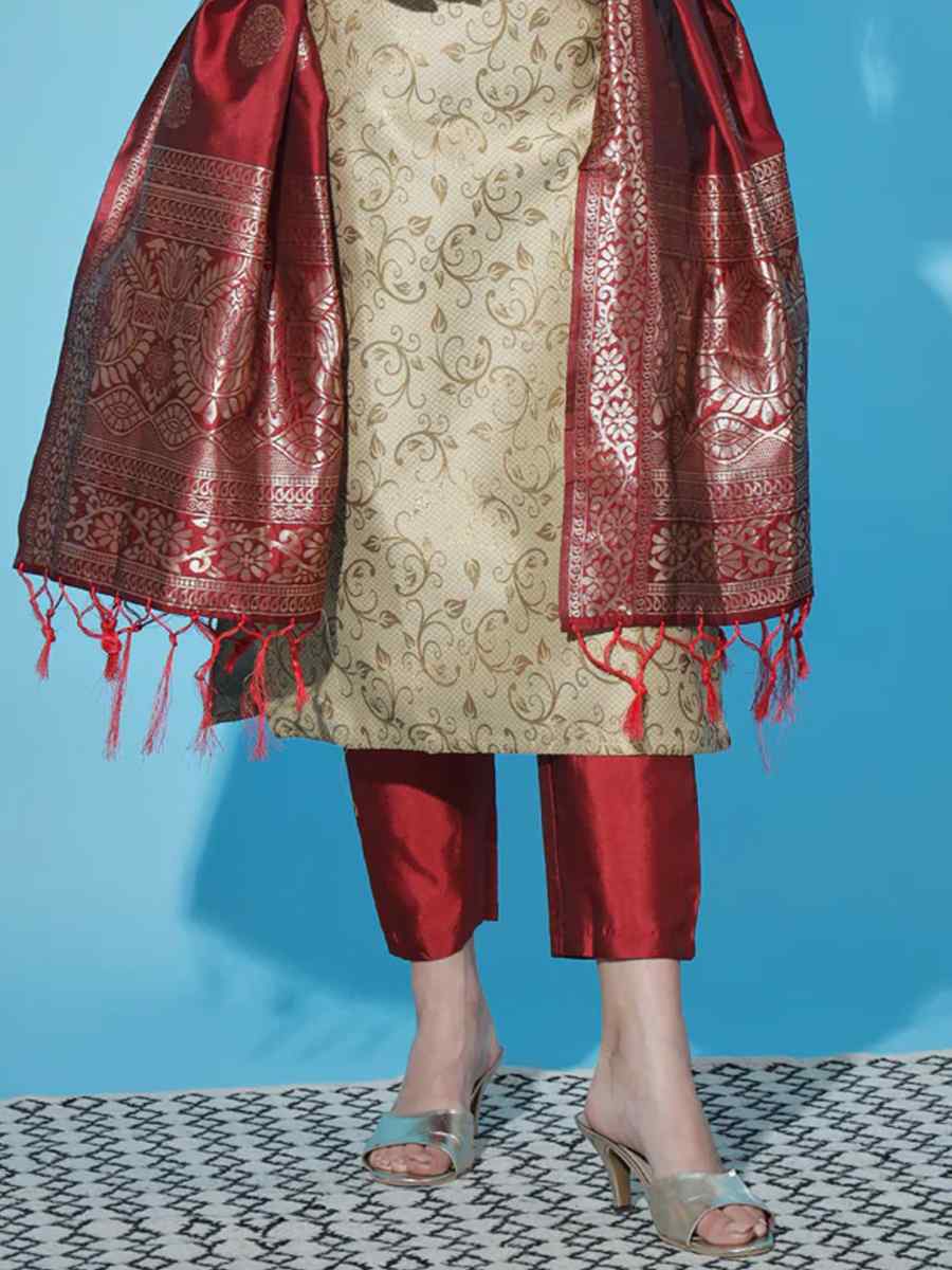 Beige Cotton Silk Handwoven Festival Mehendi Ready Pant Salwar Kameez