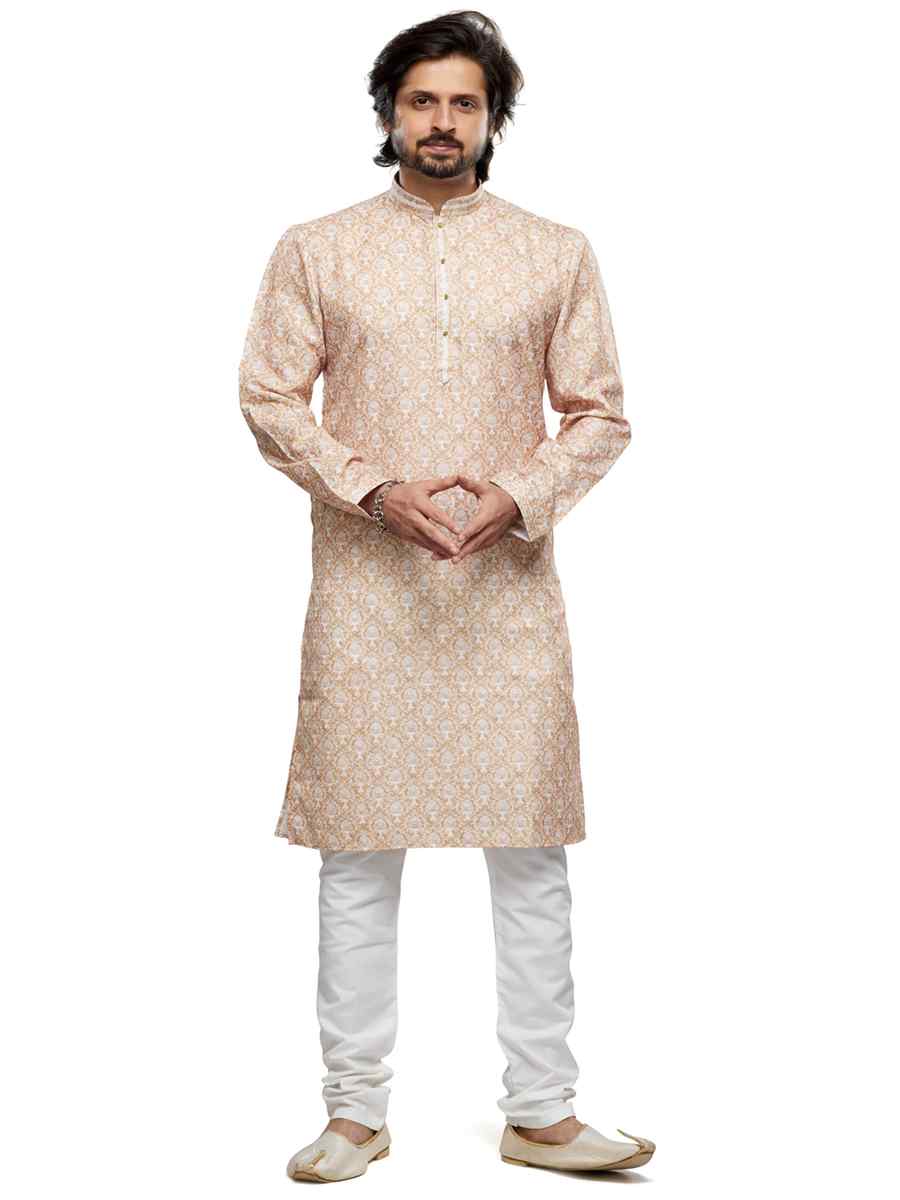 Beige Cotton Woven Festival Party Kurta