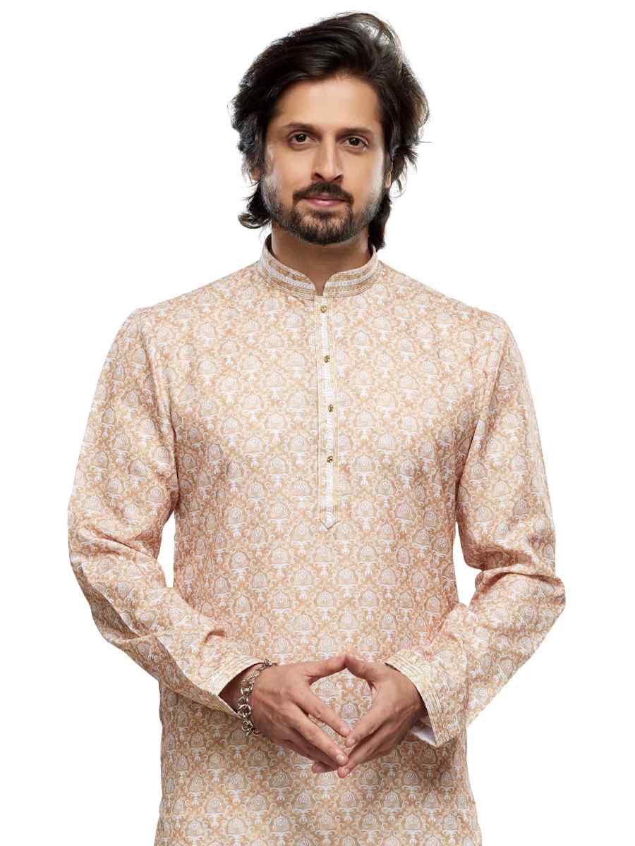 Beige Cotton Woven Festival Party Kurta