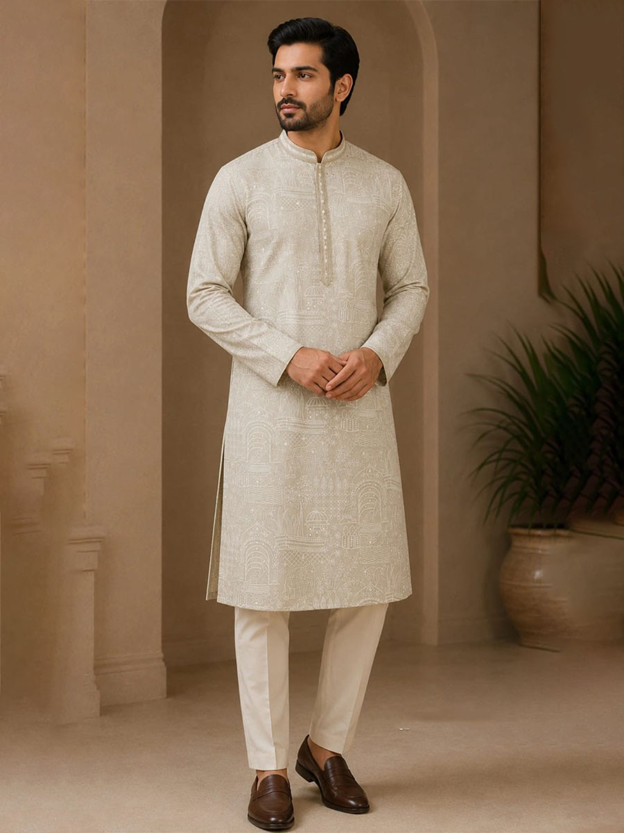 Beige Cream Art Silk Embroidery Wedding Party Festival Casual Mens Wear Kurta