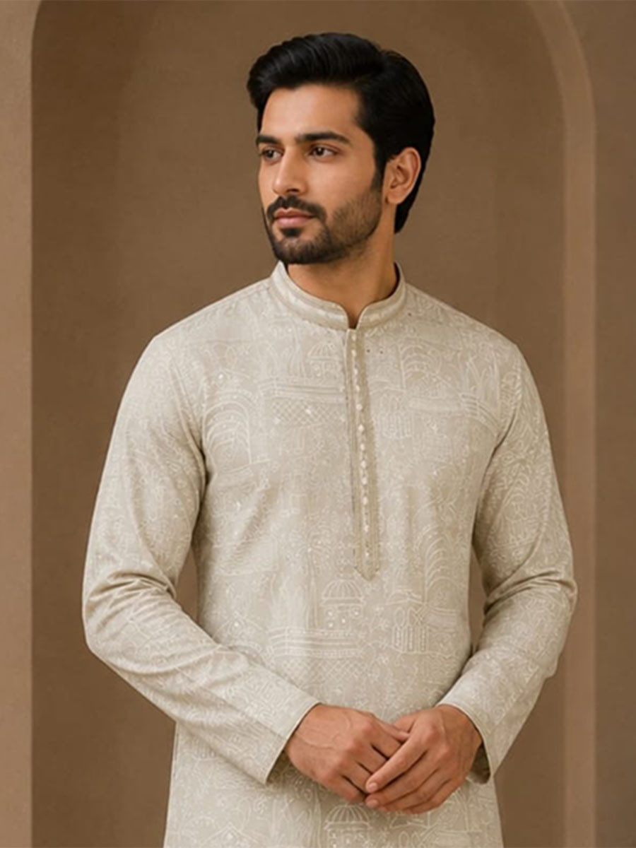 Beige Cream Art Silk Embroidery Wedding Party Festival Casual Mens Wear Kurta