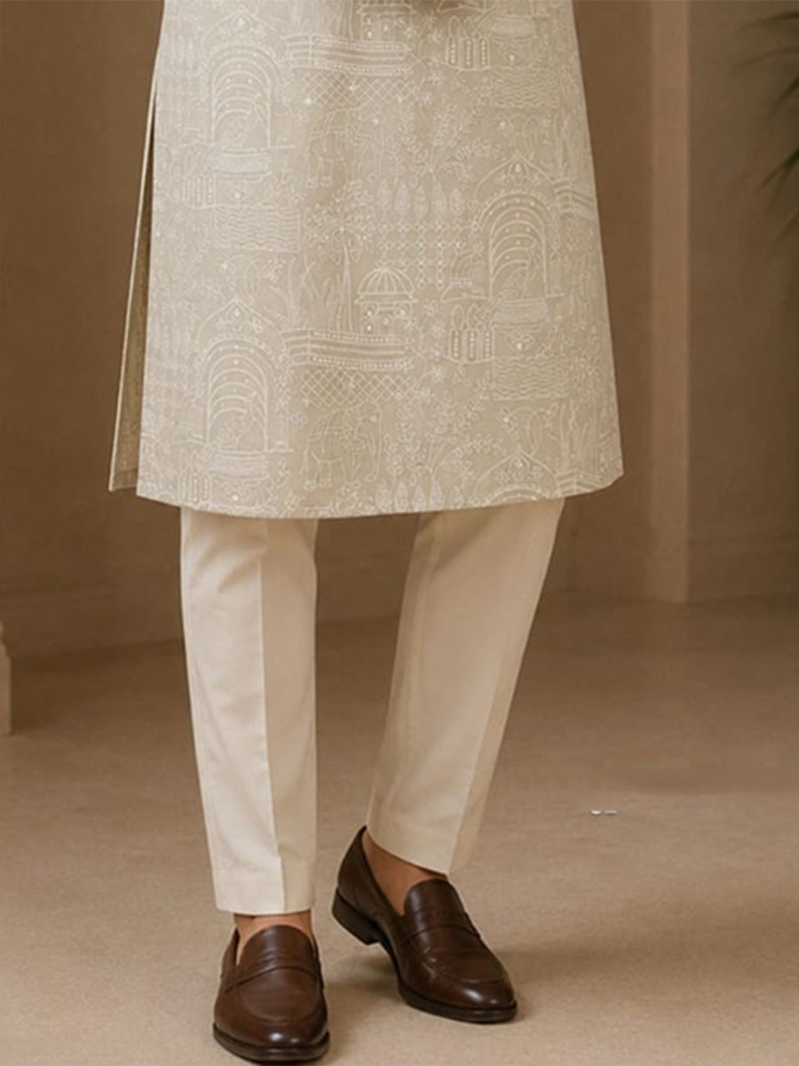 Beige Cream Art Silk Embroidery Wedding Party Festival Casual Mens Wear Kurta