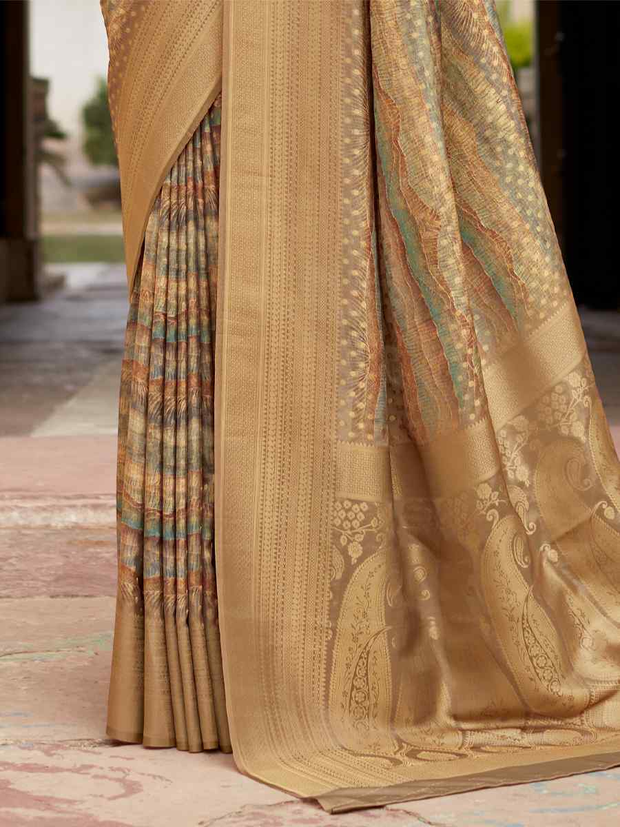 Beige Crepe Silk Handwoven Wedding Festival Heavy Border Saree