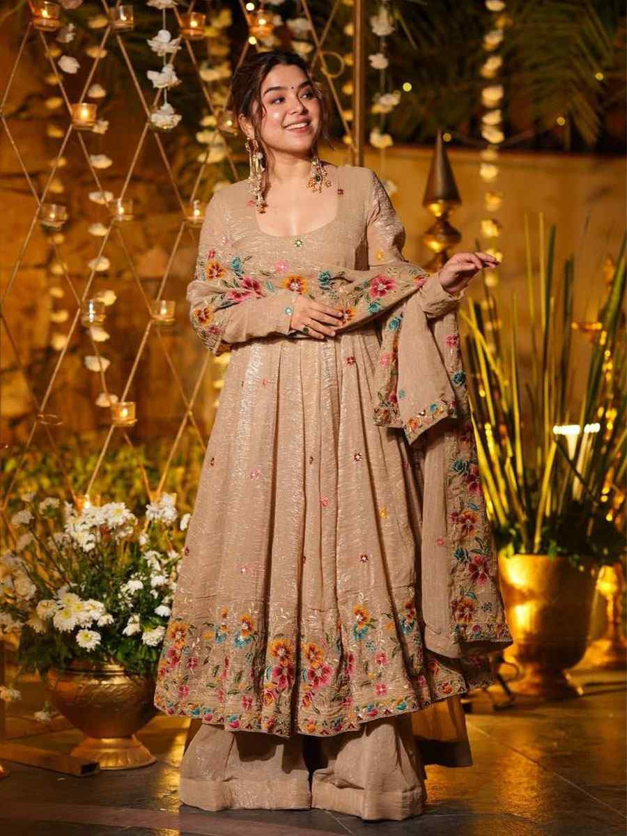 Beige Crunchy Silk Embroidery Party Wedding Festival Casual Ready Anarkali Salwar Kameez