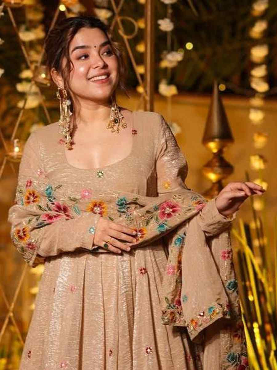 Beige Crunchy Silk Embroidery Party Wedding Festival Casual Ready Anarkali Salwar Kameez