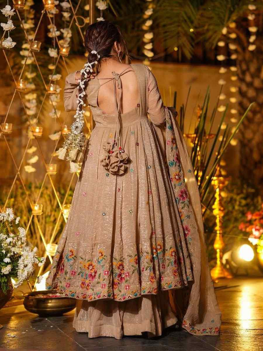 Beige Crunchy Silk Embroidery Party Wedding Festival Casual Ready Anarkali Salwar Kameez