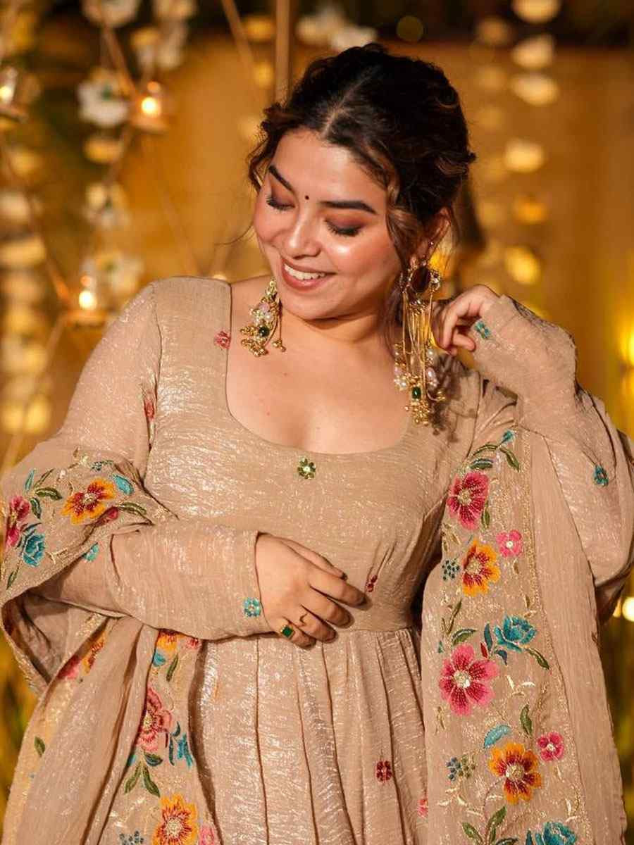 Beige Crunchy Silk Embroidery Party Wedding Festival Casual Ready Anarkali Salwar Kameez