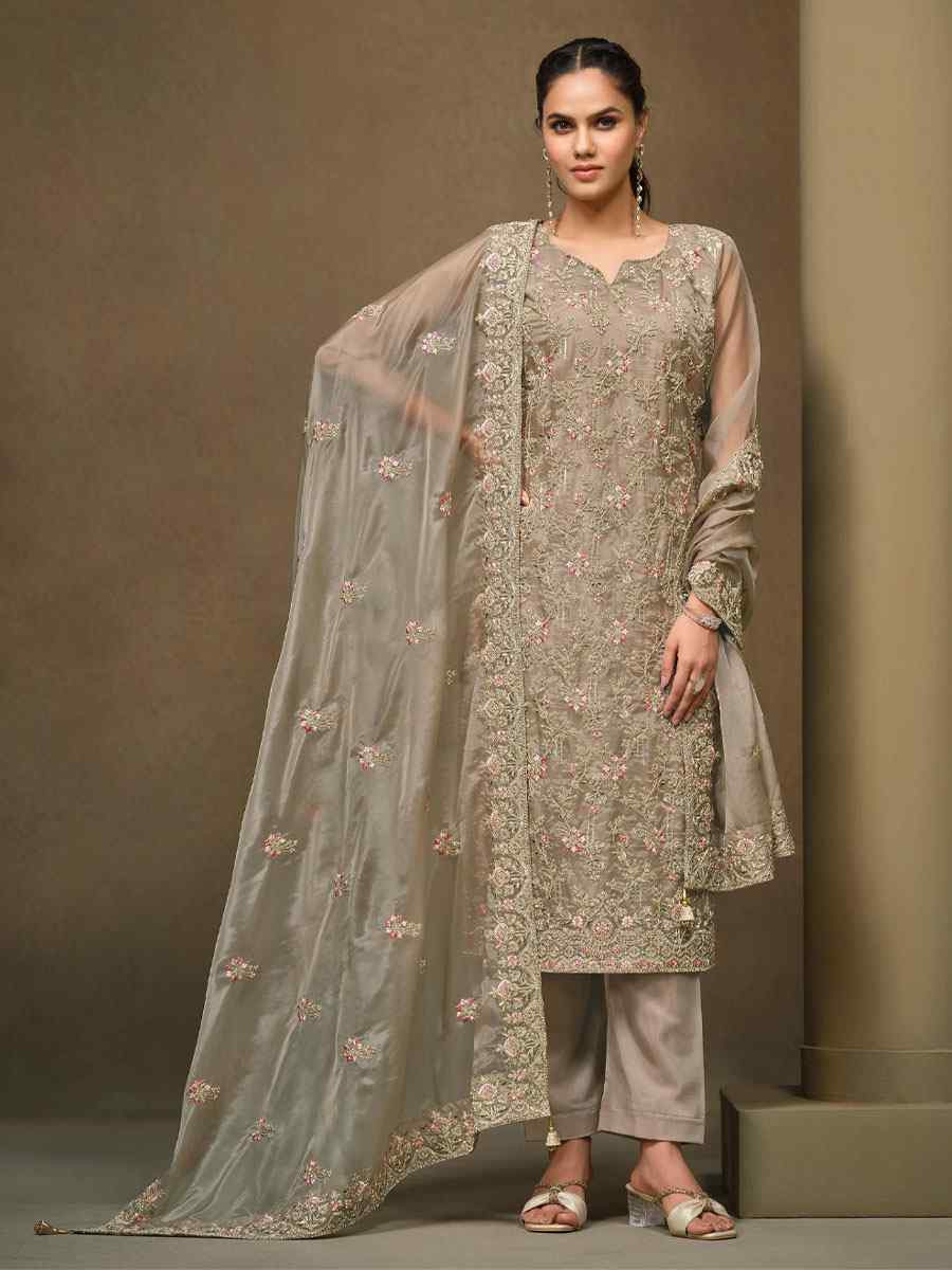 Beige Crystal Organza Embroidered Casual Festival Pant Salwar Kameez