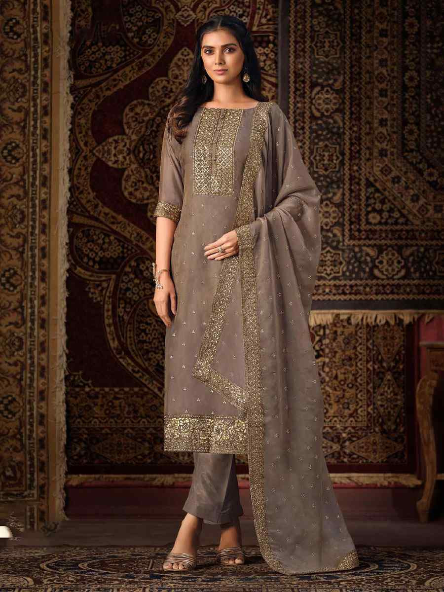 Beige Crystal Organza Embroidered Casual Festival Pant Salwar Kameez