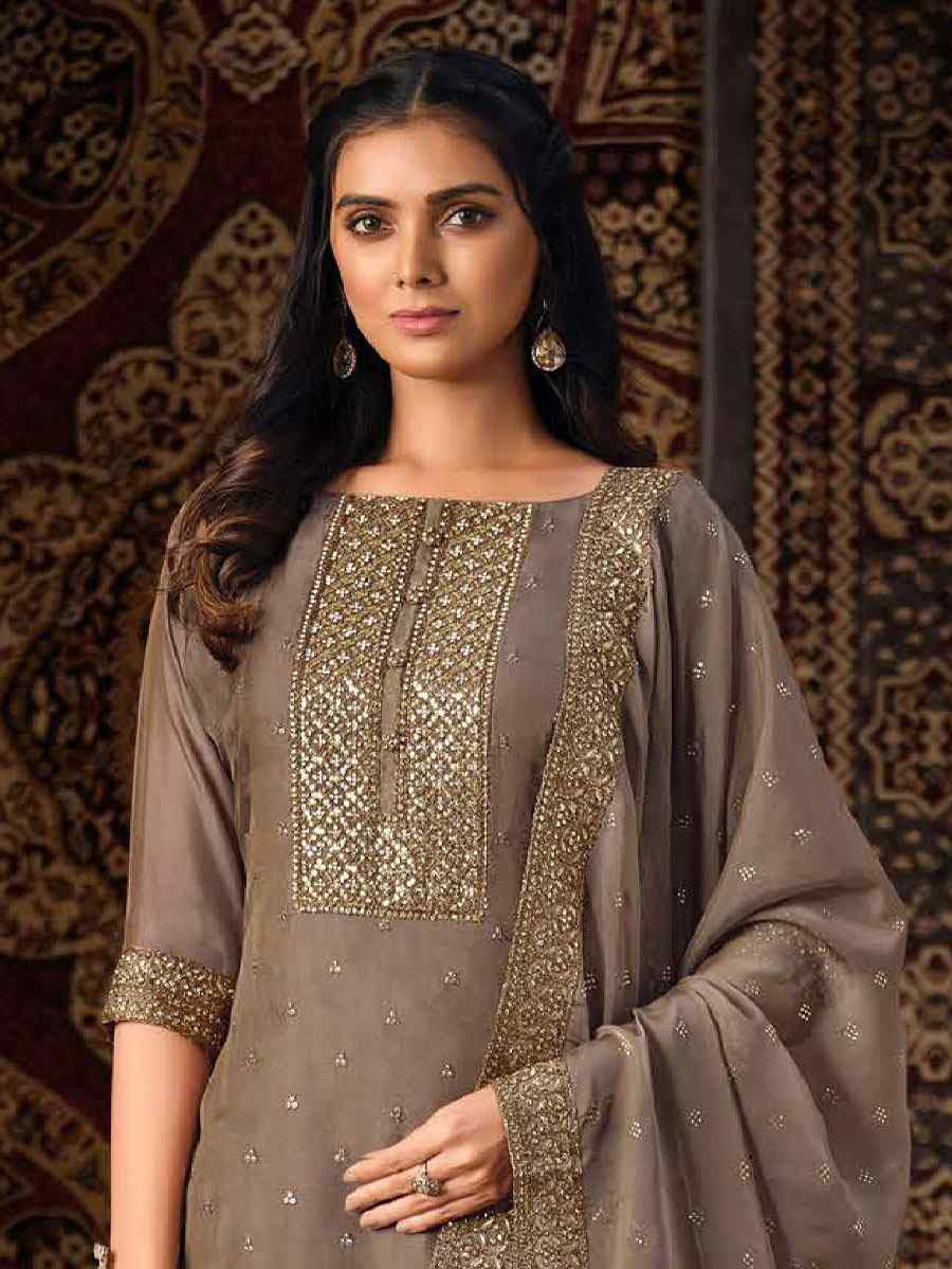 Beige Crystal Organza Embroidered Casual Festival Pant Salwar Kameez