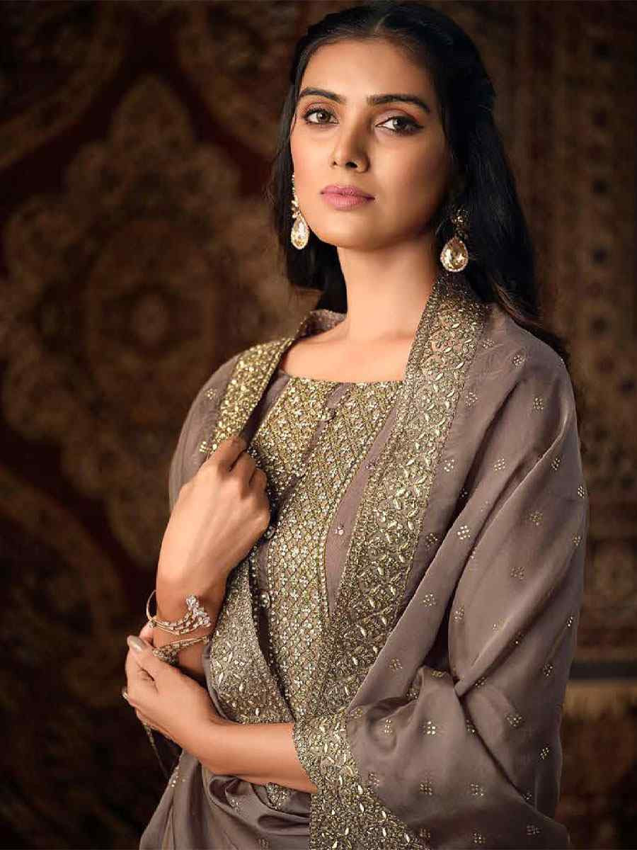 Beige Crystal Organza Embroidered Casual Festival Pant Salwar Kameez