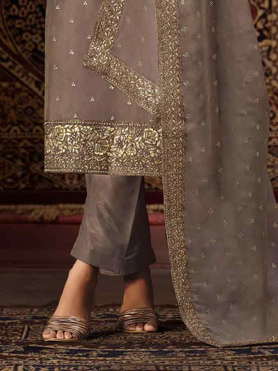Beige Crystal Organza Embroidered Casual Festival Pant Salwar Kameez