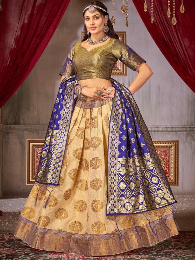 Beige Fancy Jaquard Silk Zardosi Mehendi Festival Circular Lehenga Choli