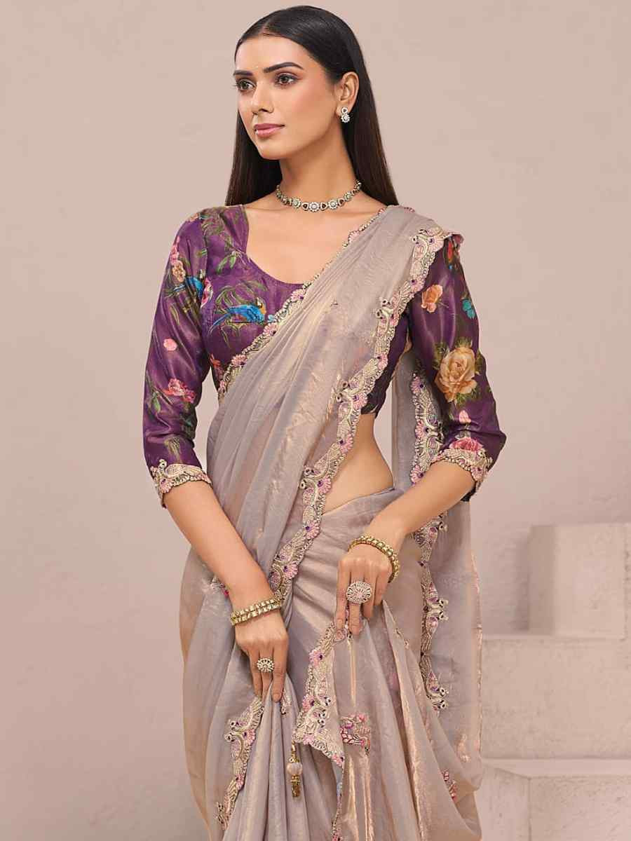 Beige Fancy Silk Plain Party Bridal Reception Festival Wedding Fancy Heavy Border Saree