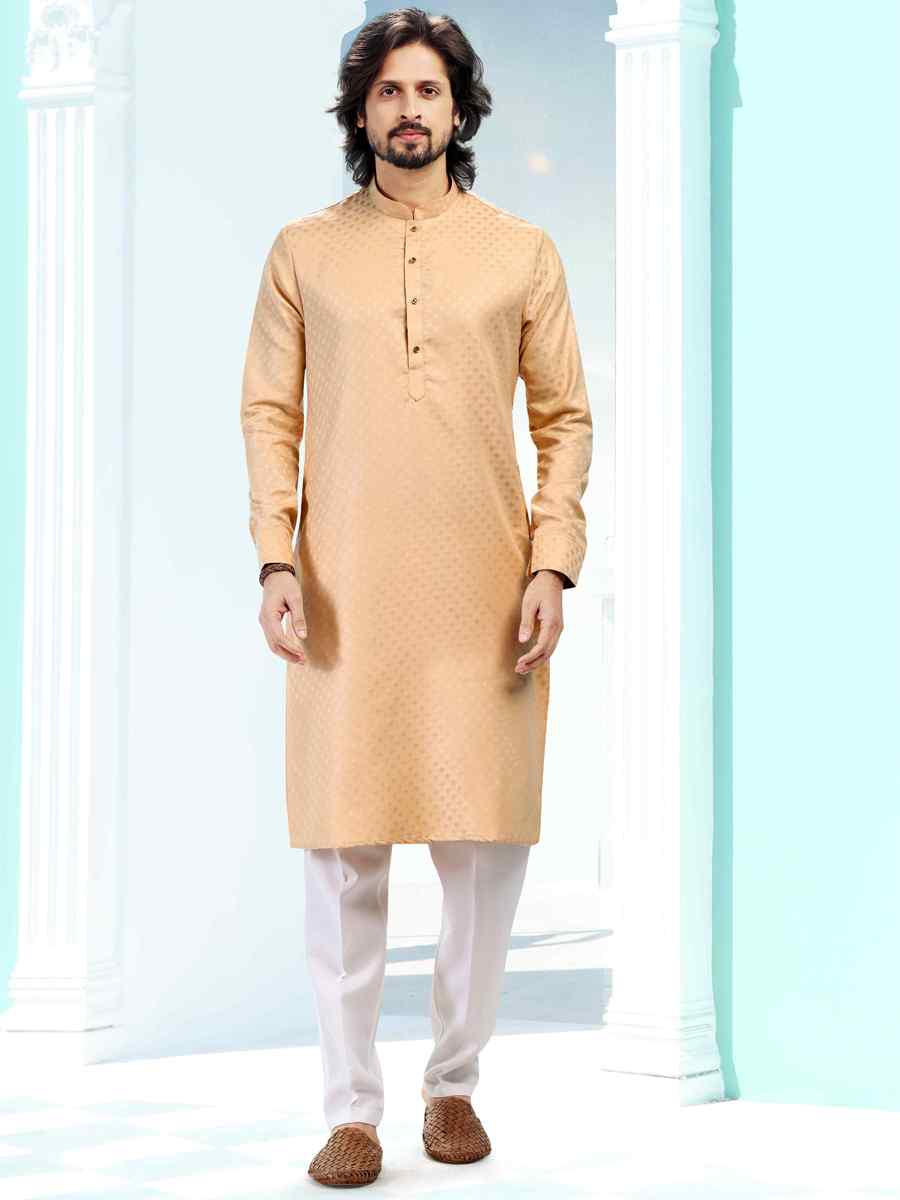 Beige Fancy Silk Woven Festival Casual Kurta