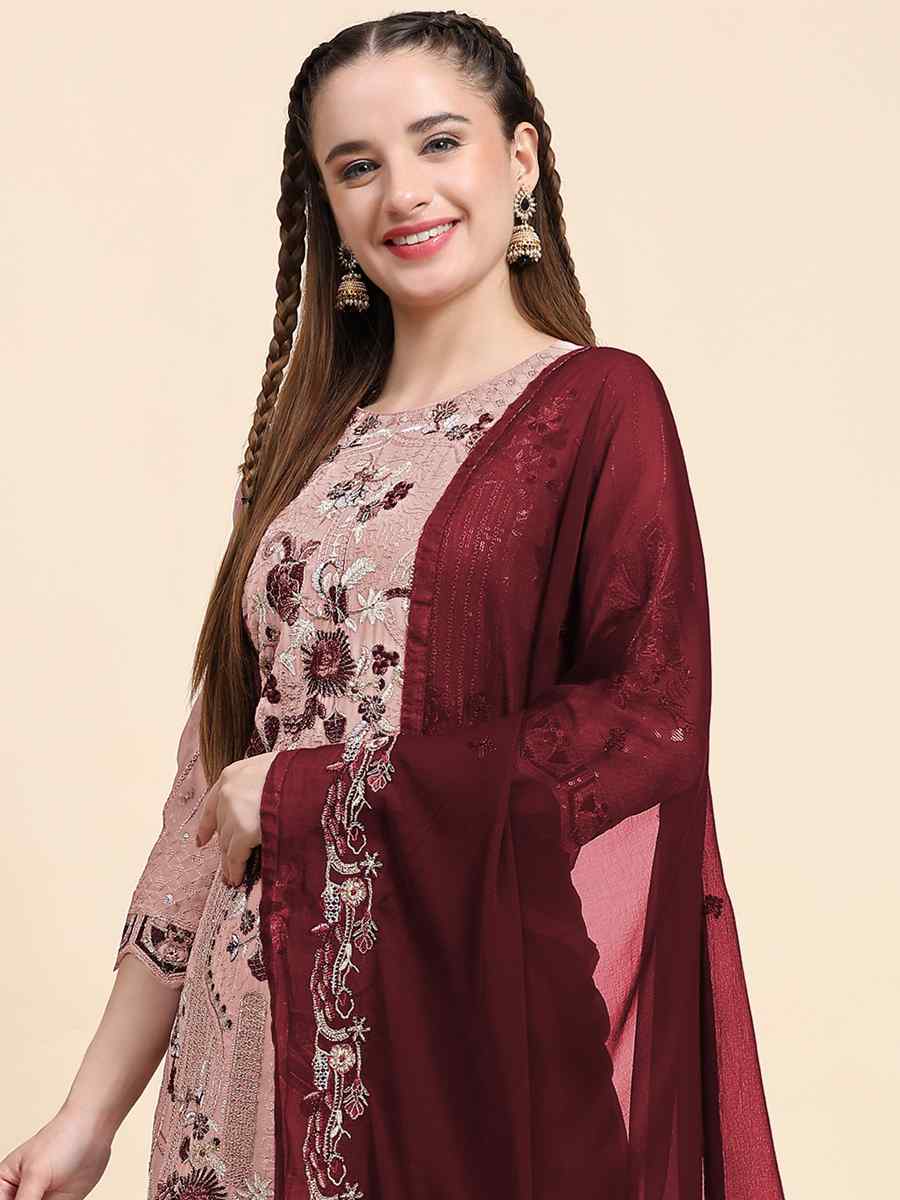 Beige Faux Georgette Embroidered Festival Casual Pant Salwar Kameez
