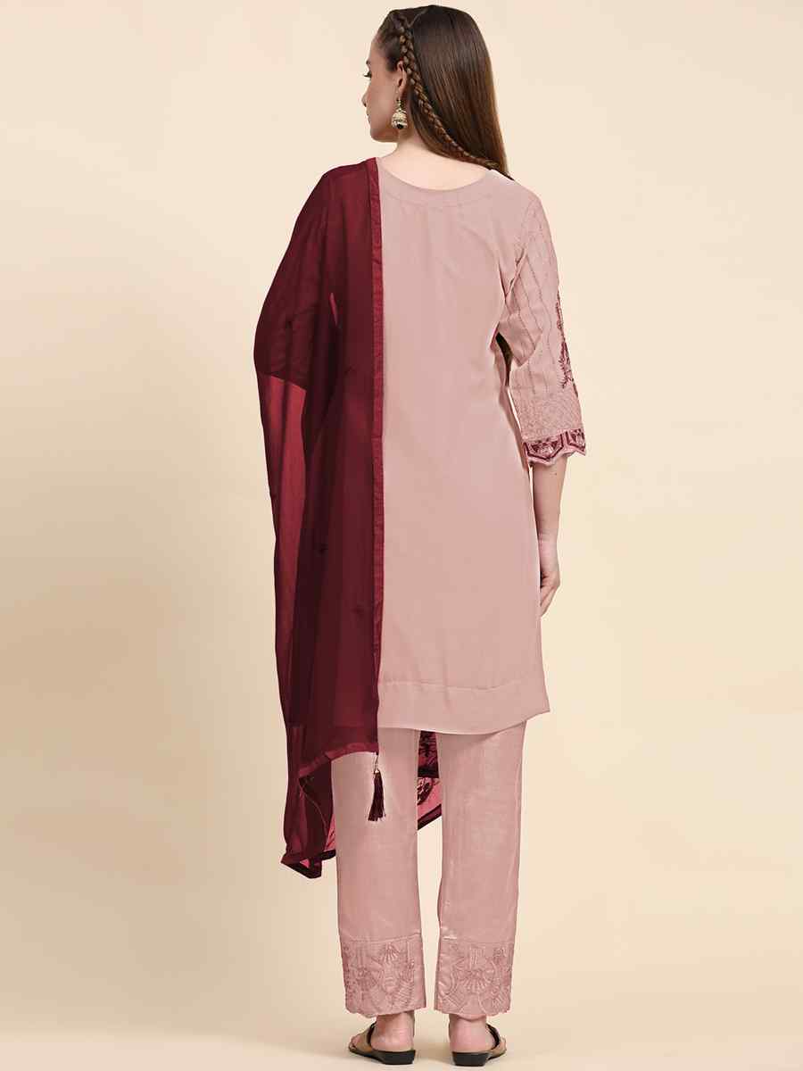 Beige Faux Georgette Embroidered Festival Casual Pant Salwar Kameez