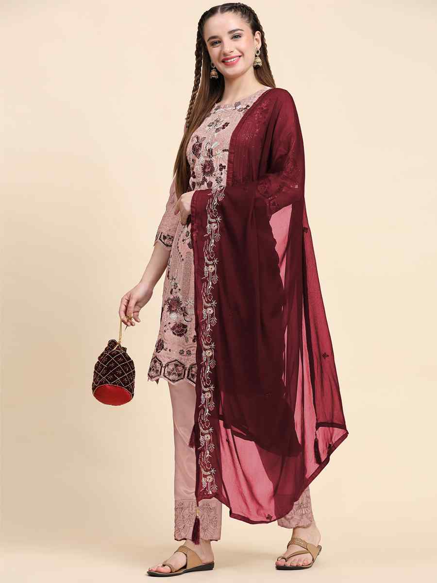 Beige Faux Georgette Embroidered Festival Casual Pant Salwar Kameez
