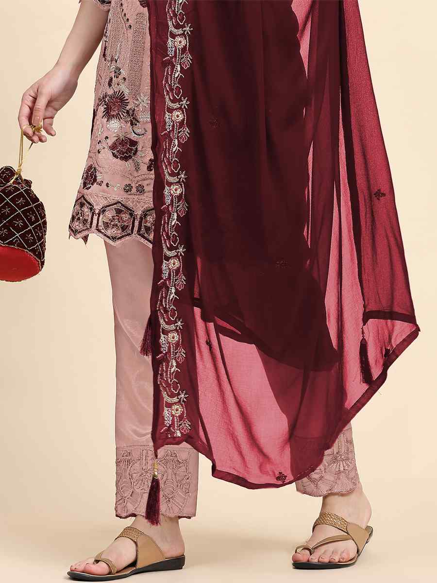 Beige Faux Georgette Embroidered Festival Casual Pant Salwar Kameez