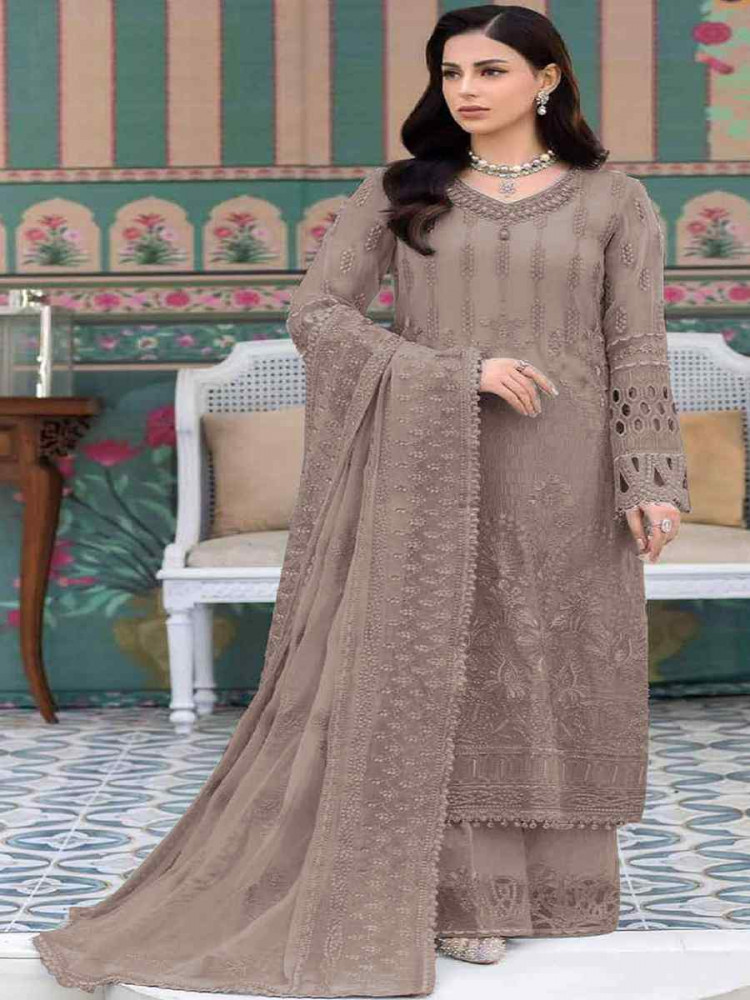 Beige Faux Georgette Embroidered Festival Casual Pant Salwar Kameez