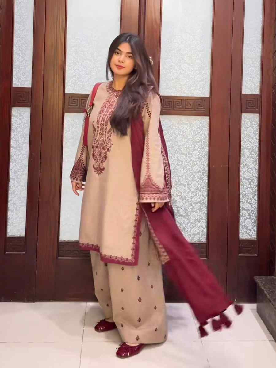 Beige Faux Georgette Embroidered Festival Casual Ready Farsi Salwar Kameez