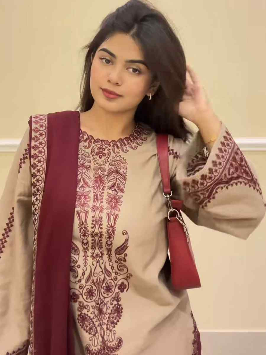 Beige Faux Georgette Embroidered Festival Casual Ready Farsi Salwar Kameez