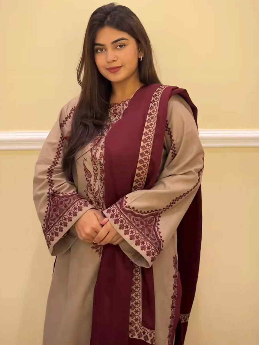 Beige Faux Georgette Embroidered Festival Casual Ready Farsi Salwar Kameez