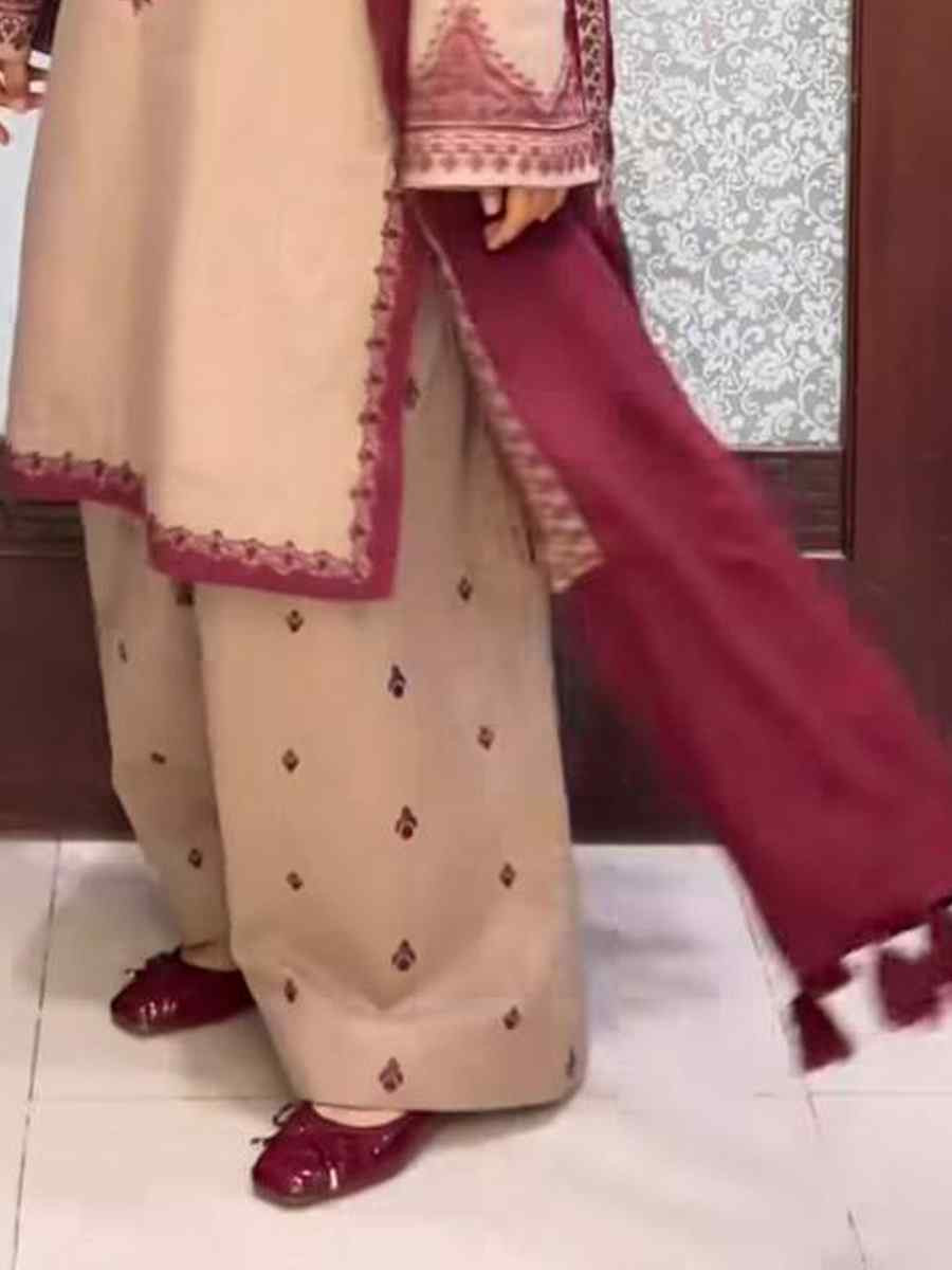 Beige Faux Georgette Embroidered Festival Casual Ready Farsi Salwar Kameez