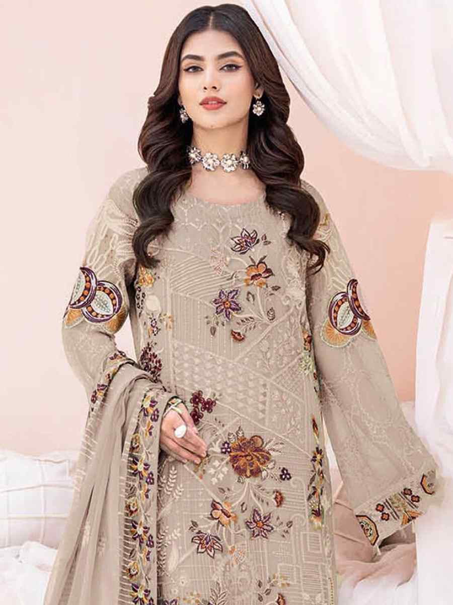 Beige Faux Georgette Embroidered Festival Party Pant Salwar Kameez