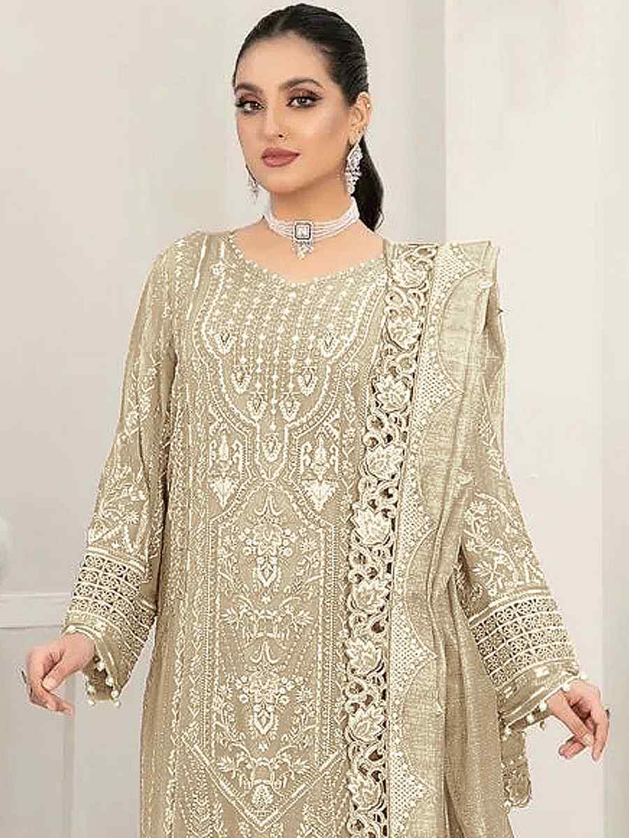 Beige Faux Georgette Embroidered Festival Party Pant Salwar Kameez