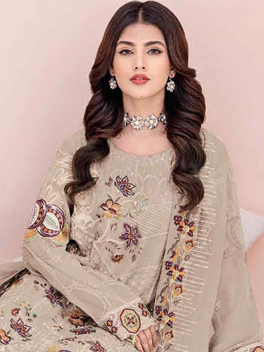 Beige Faux Georgette Embroidered Festival Party Pant Salwar Kameez