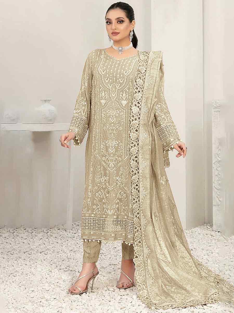 Beige Faux Georgette Embroidered Festival Party Pant Salwar Kameez
