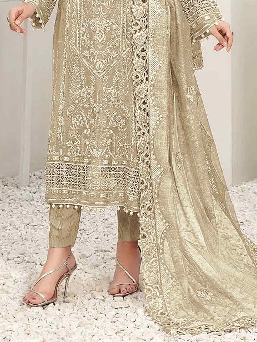 Beige Faux Georgette Embroidered Festival Party Pant Salwar Kameez
