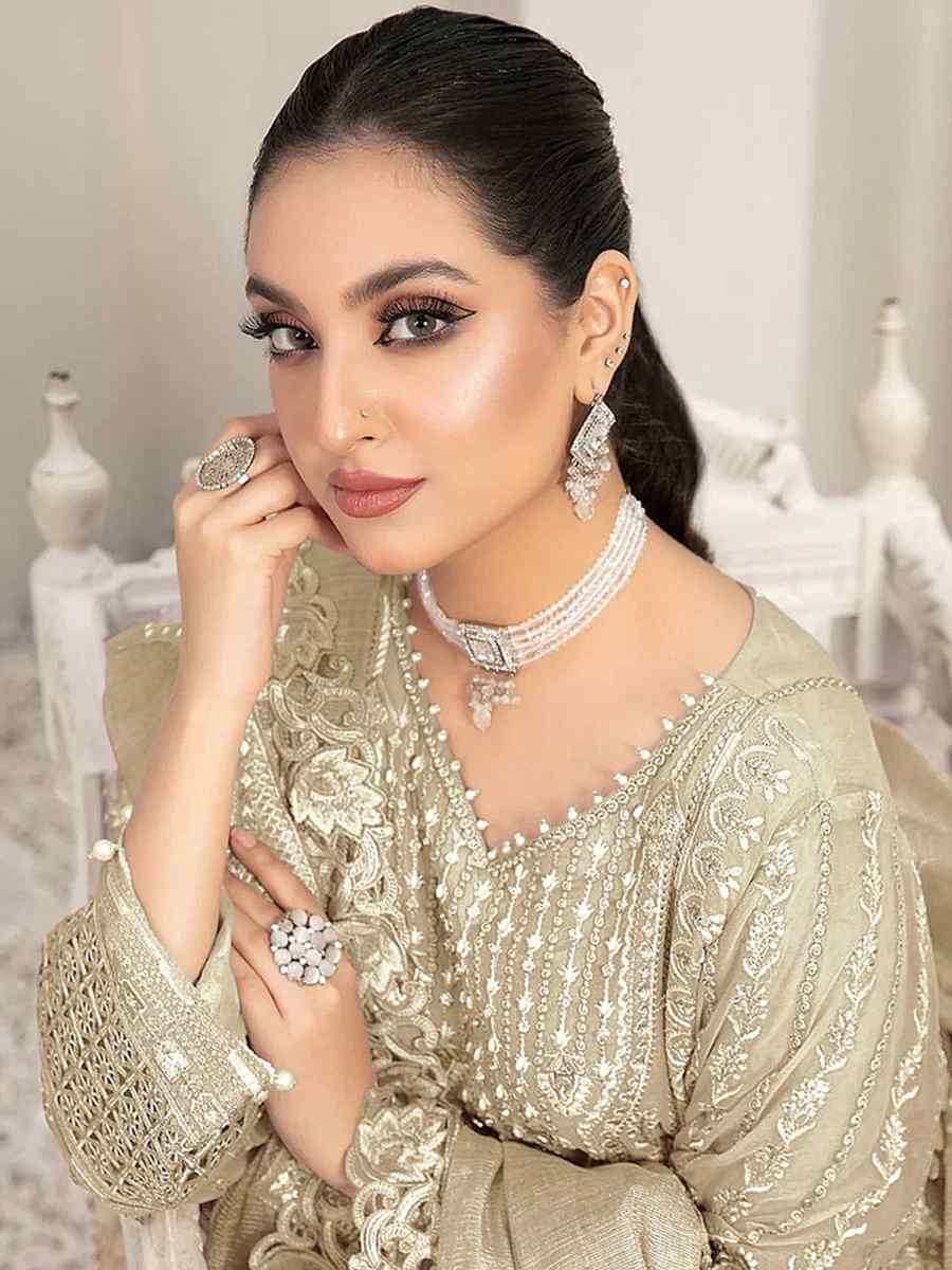 Beige Faux Georgette Embroidered Festival Party Pant Salwar Kameez
